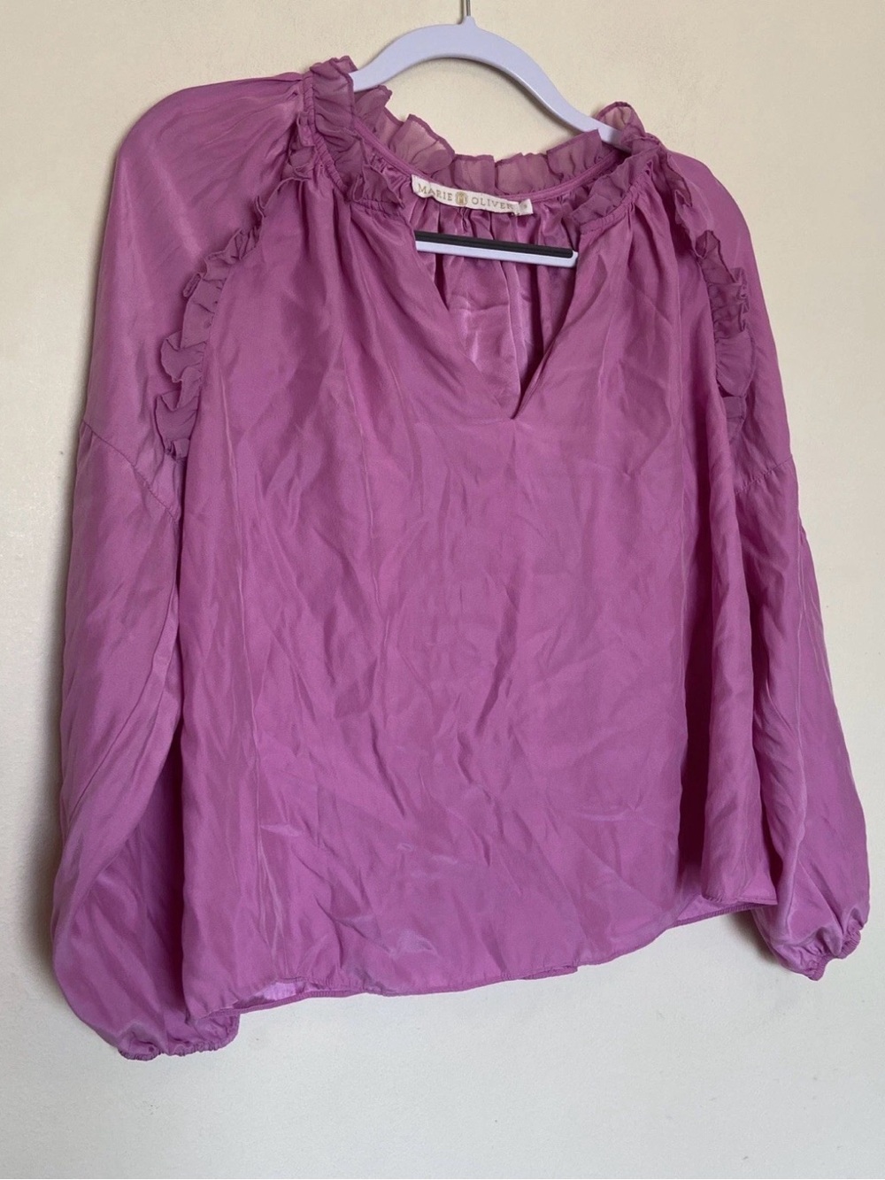 Marie Oliver 100% Silk Pink Ruffle Blouse Sz S Women's Boho Festive Feminine
